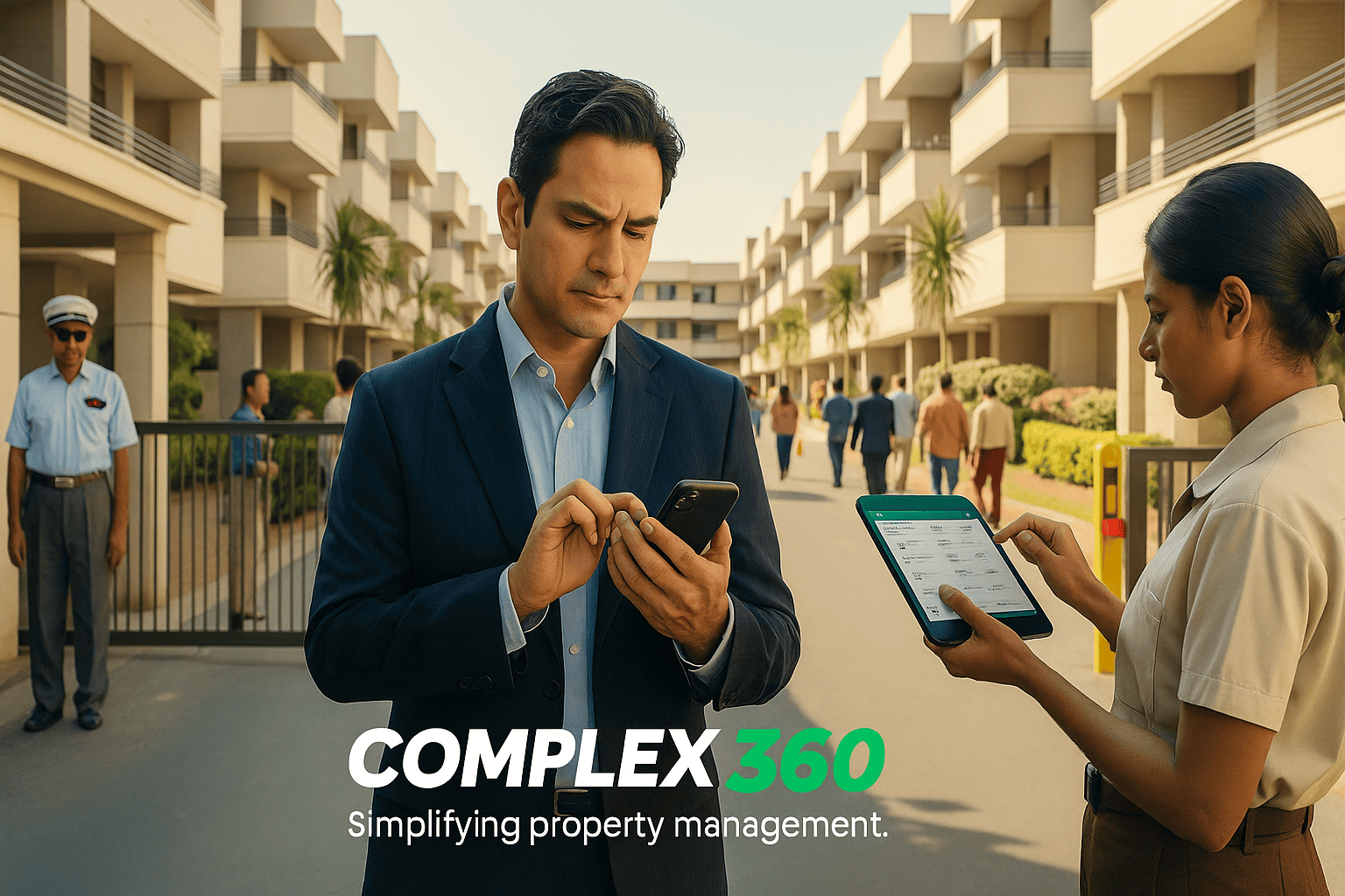 A professional promotional image for Complex360 showing a man in formal attire using a smartphone and a woman beside him holding a tablet. They stand in front of a modern residential apartment complex with a security guard in the background. At the bottom, the Complex360 logo is displayed with the tagline 'Simplifying property management' '360' highlighted in green