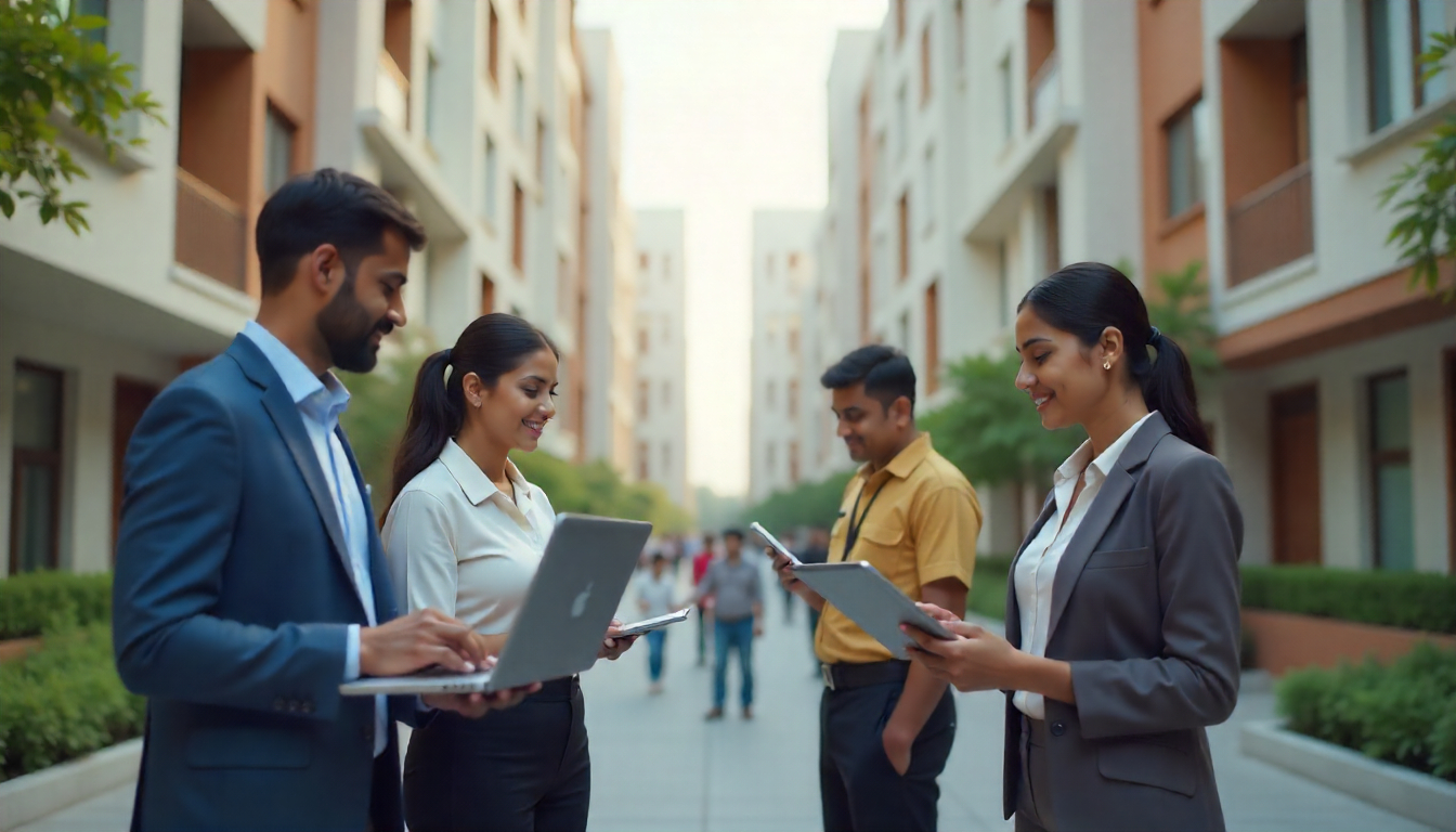 A professional promotional image for Complex360 showing a man in formal attire using a smartphone and a woman beside him holding a tablet. They stand in front of a modern residential apartment complex with a security guard in the background. At the bottom, the Complex360 logo is displayed with the tagline 'Simplifying property management' '360' highlighted in green