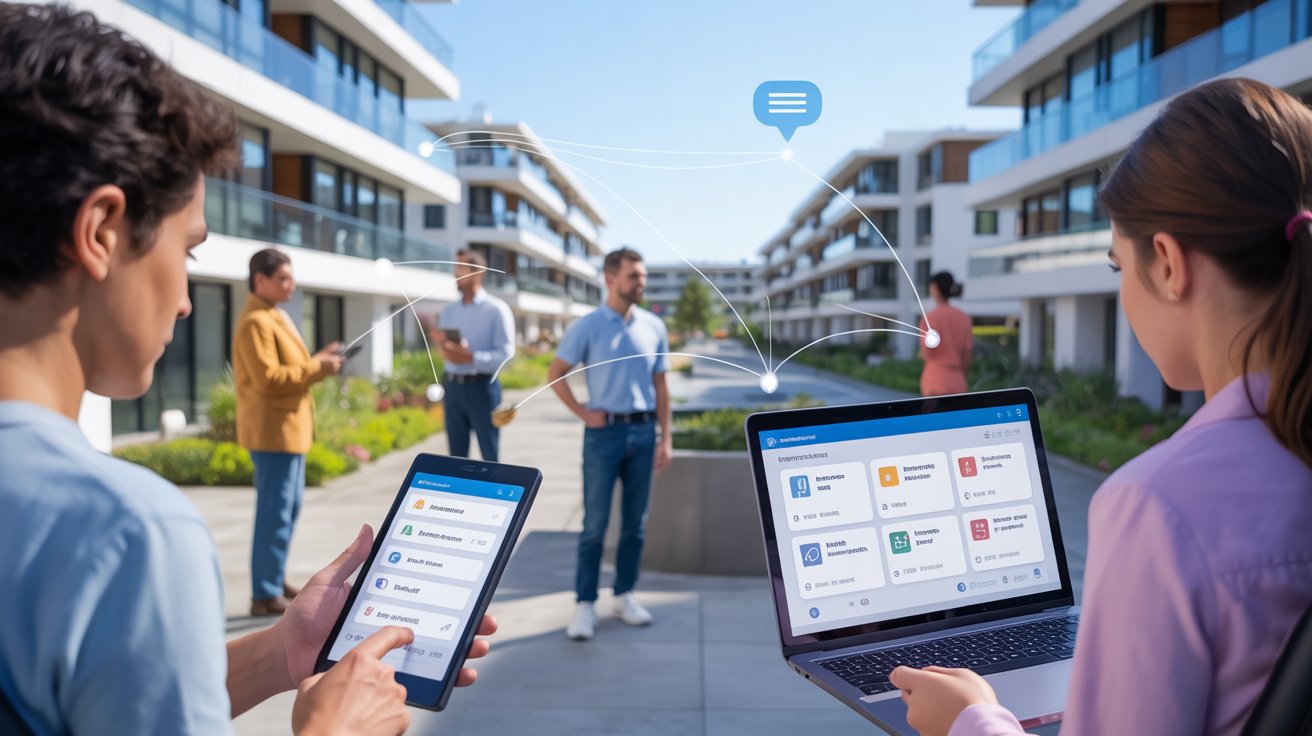 Members of a modern residential complex using laptops and tablets to manage maintenance, expenses, and complaints through a digital system, symbolizing easy communication and organized complex management with Complex360.