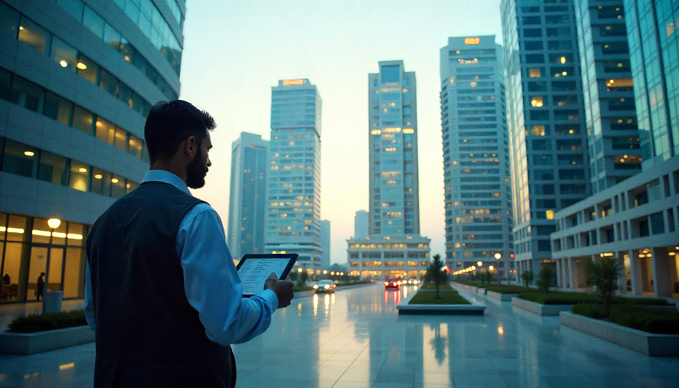 Indian business park facility manager using a tablet to monitor operations in a modern commercial complex